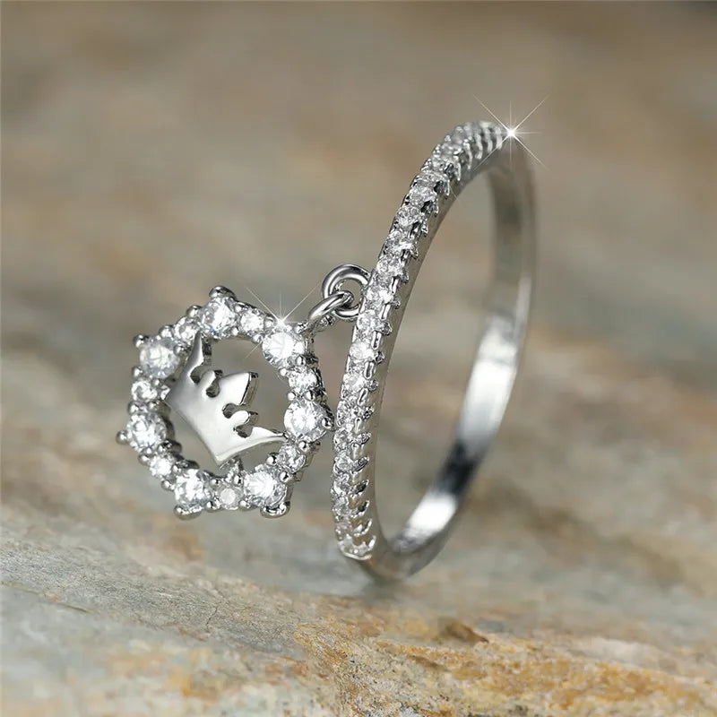 Luxury Female Crystal Crown Pendant Ring Trendy Gold Silver Color Engagement Jewelry Zircon Stone Wedding Rings For Women