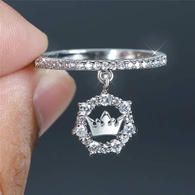 Luxury Female Crystal Crown Pendant Ring Trendy Gold Silver Color Engagement Jewelry Zircon Stone Wedding Rings For Women