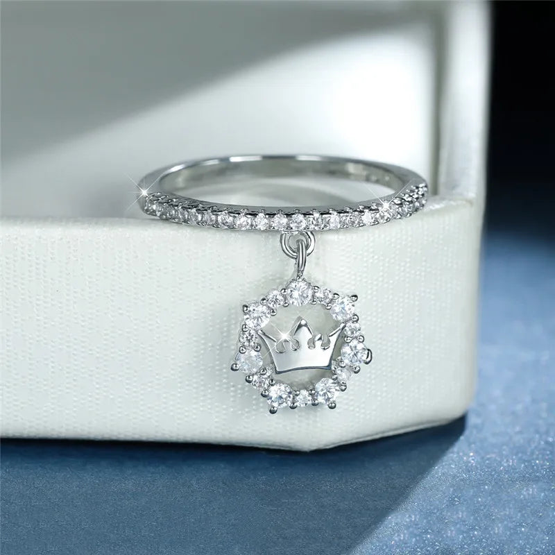 Luxury Female Crystal Crown Pendant Ring Trendy Gold Silver Color Engagement Jewelry Zircon Stone Wedding Rings For Women