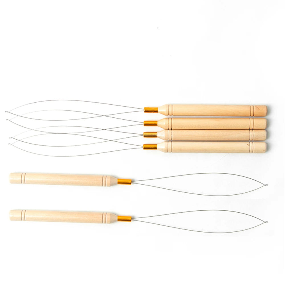 1/3/6/12PCS Hook Needle Tools Wooden Handle Hook Needle Lace Wig Making Knitting Micro Rings Loop Hair Extension Weaving