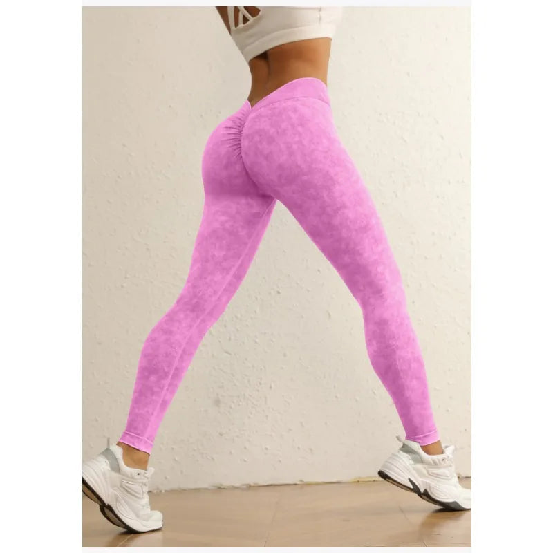 Sports Seamless Leggings Women V-back Waist Tights High Waist Hip Liftting Gym Pants Frosted Water Wash Stretchy Yoga Leggings