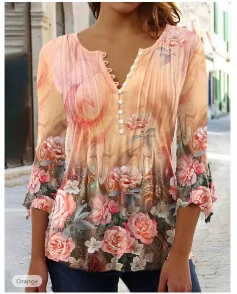 V-Neck Elegant Office Lady Blouses Tops Blusas 2024 Casual Trendy Summer Blouses Print Three Quarter Buttons Women Shirts S-3XL