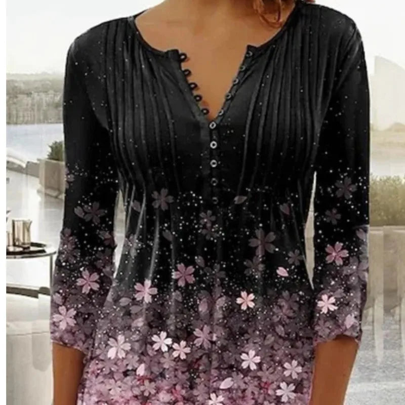 V-Neck Elegant Office Lady Blouses Tops Blusas 2024 Casual Trendy Summer Blouses Print Three Quarter Buttons Women Shirts S-3XL