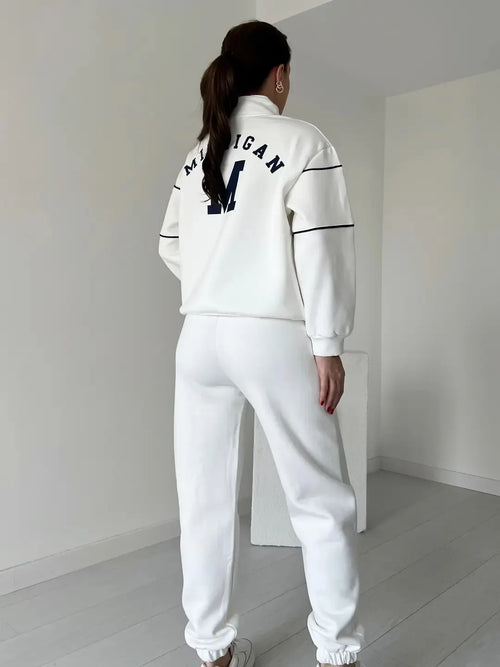 Autumn Winter New Fashion Letter Print Sweatshirt Set Casual Zipper Half Open Collar Long-sleeve Top + Sweatpants Two-piece Suit