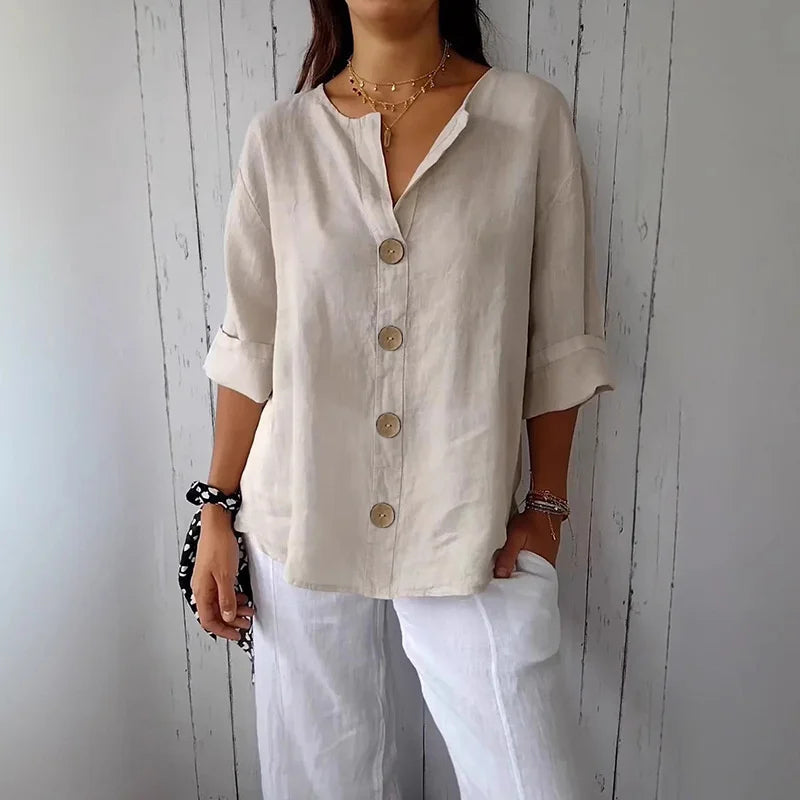 Summer Loose Shirt Women's V-Neck Cotton Linen Button Top Casual Shirts Solid Fashion Elegant Office Womens Clothing 2025 Blouse