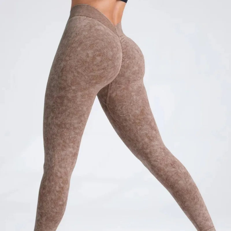 Sports Seamless Leggings Women V-back Waist Tights High Waist Hip Liftting Gym Pants Frosted Water Wash Stretchy Yoga Leggings
