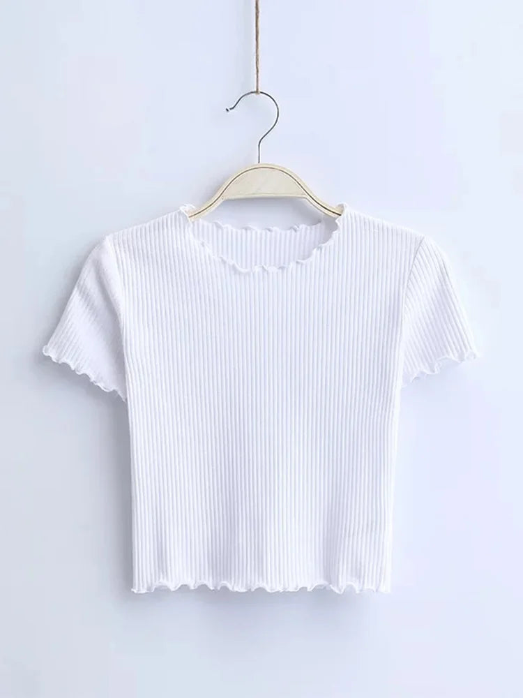 Vintage Wood ears O neck Short sleeve T-shirt 2023 New Woman Slim Fit t shirt tight tee Summer Retro Tops 6 colors