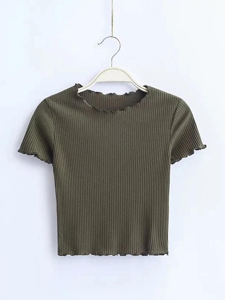 Vintage Wood ears O neck Short sleeve T-shirt 2023 New Woman Slim Fit t shirt tight tee Summer Retro Tops 6 colors