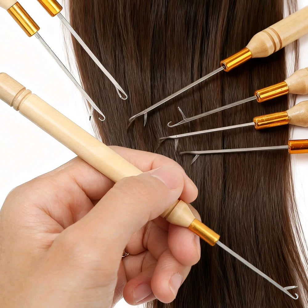 1/3/6/12PCS Hook Needle Tools Wooden Handle Hook Needle Lace Wig Making Knitting Micro Rings Loop Hair Extension Weaving