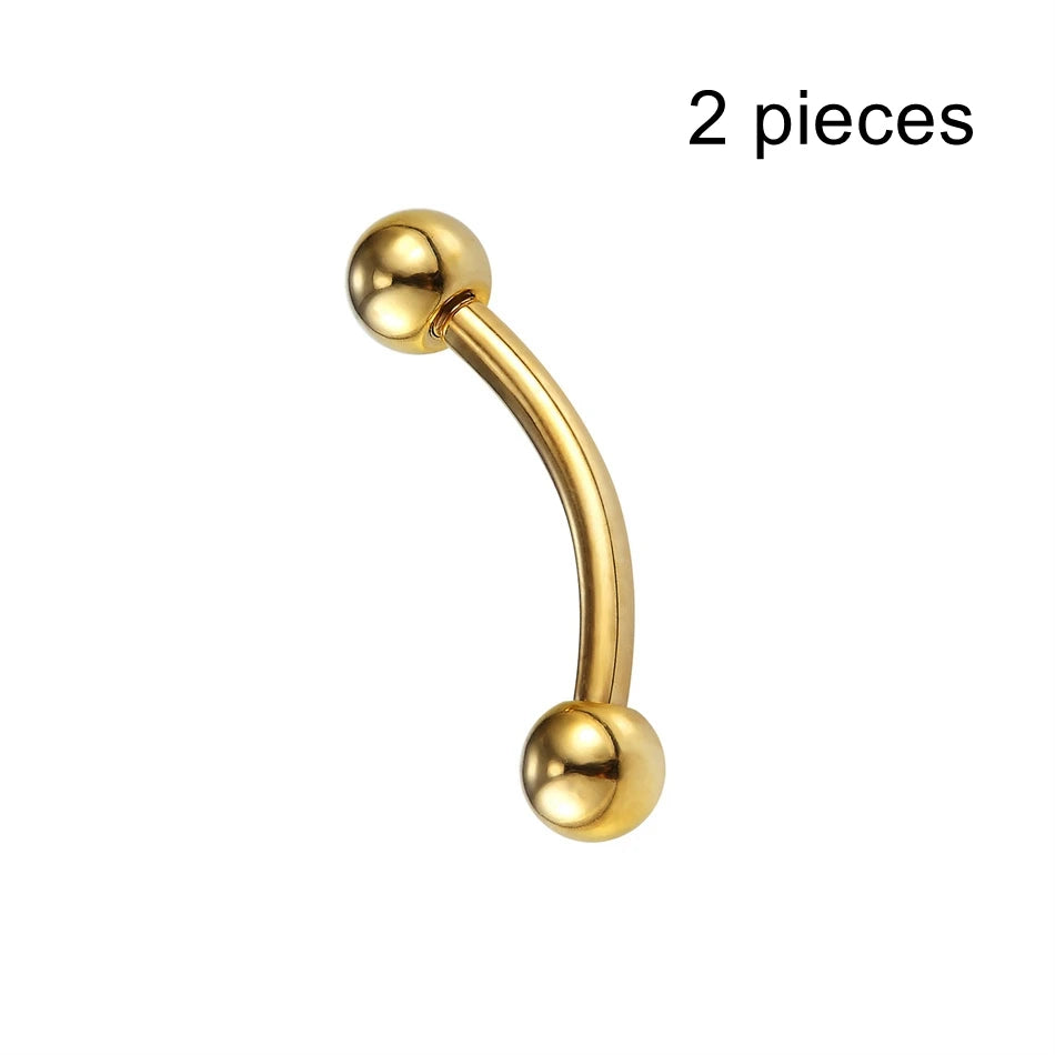 2pc PVD Gold Plated Titanium Lip Eyebrow Tongue Nipple Piercing Jewelry Navel Rings 1.6mm 14G Banana Bar Ear Cartilage Earrings