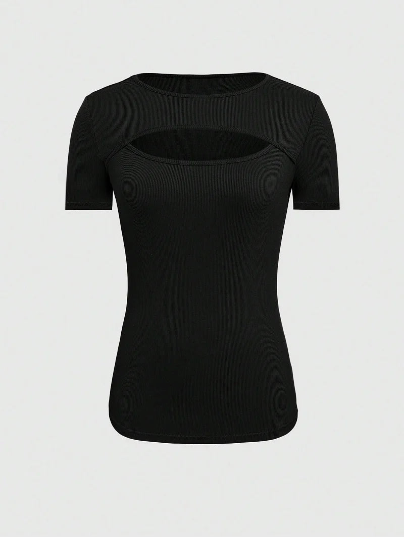 2024 European And American Summer Cross-Border New Women's Round Neck Chest Open Short Sleeve T-shirt