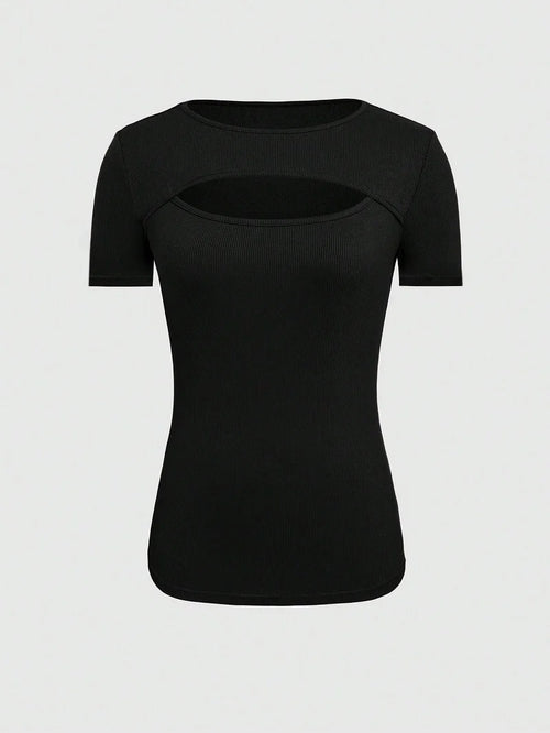 2024 European And American Summer Cross-Border New Women's Round Neck Chest Open Short Sleeve T-shirt