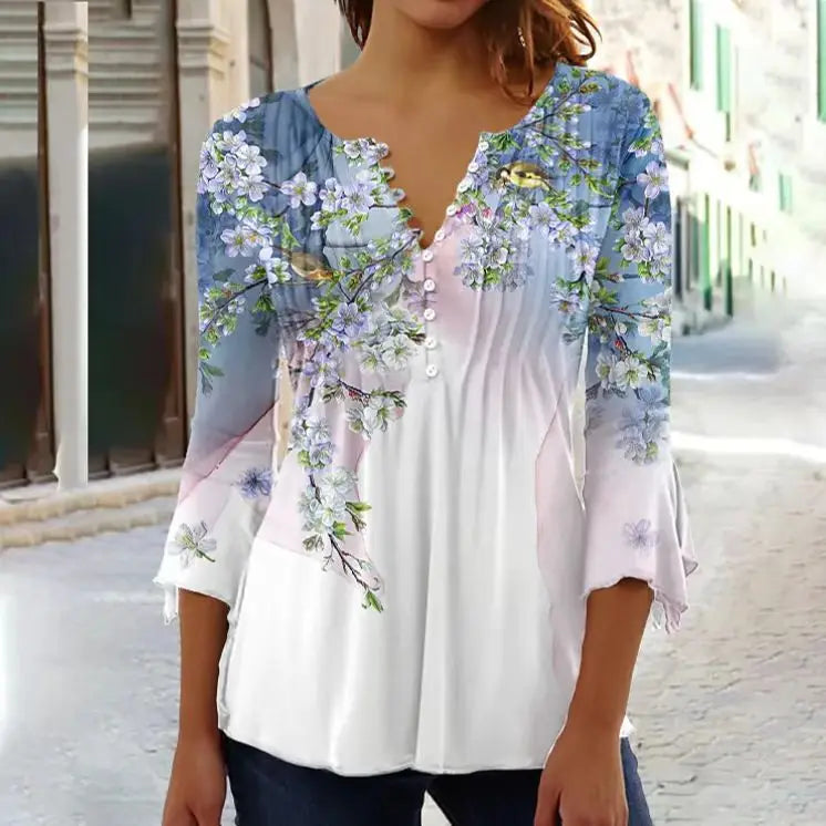 V-Neck Elegant Office Lady Blouses Tops Blusas 2024 Casual Trendy Summer Blouses Print Three Quarter Buttons Women Shirts S-3XL