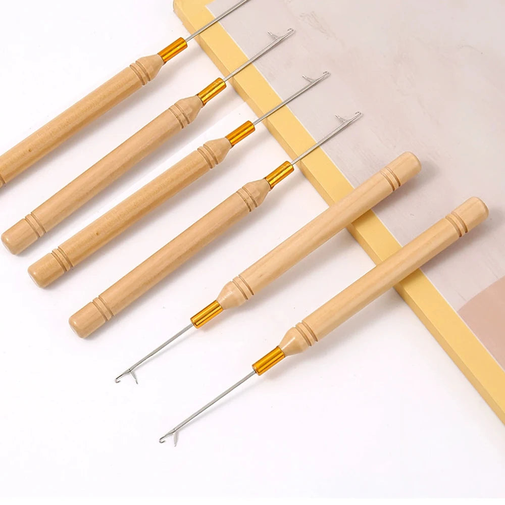 1/3/6/12PCS Hook Needle Tools Wooden Handle Hook Needle Lace Wig Making Knitting Micro Rings Loop Hair Extension Weaving