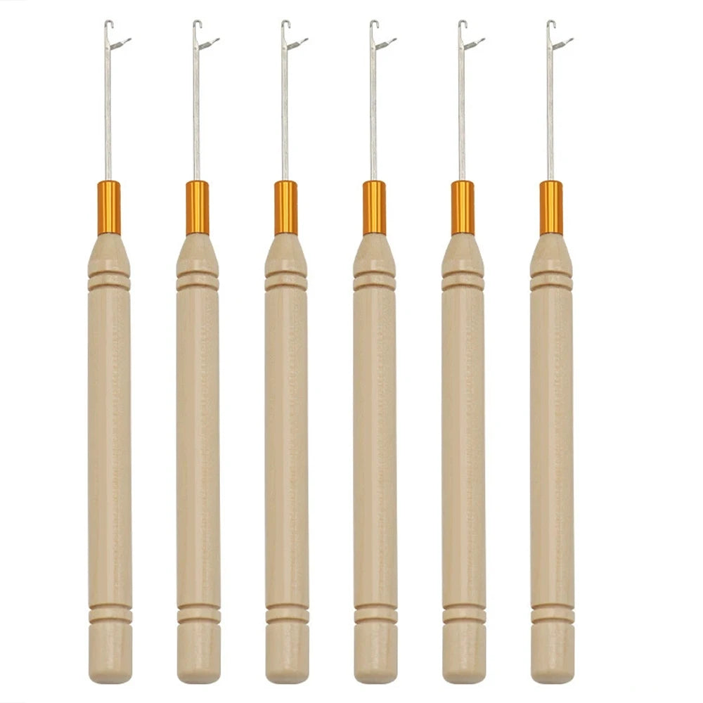 1/3/6/12PCS Hook Needle Tools Wooden Handle Hook Needle Lace Wig Making Knitting Micro Rings Loop Hair Extension Weaving