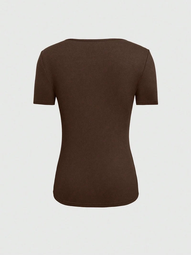 2024 European And American Summer Cross-Border New Women's Round Neck Chest Open Short Sleeve T-shirt
