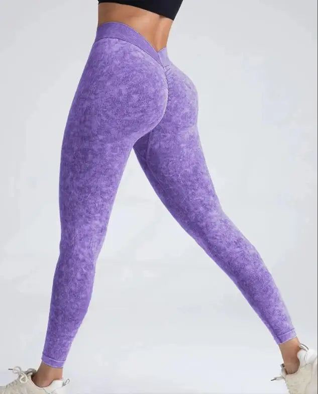 Sports Seamless Leggings Women V-back Waist Tights High Waist Hip Liftting Gym Pants Frosted Water Wash Stretchy Yoga Leggings