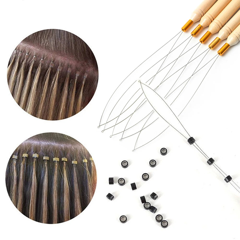 1/3/6/12PCS Hook Needle Tools Wooden Handle Hook Needle Lace Wig Making Knitting Micro Rings Loop Hair Extension Weaving