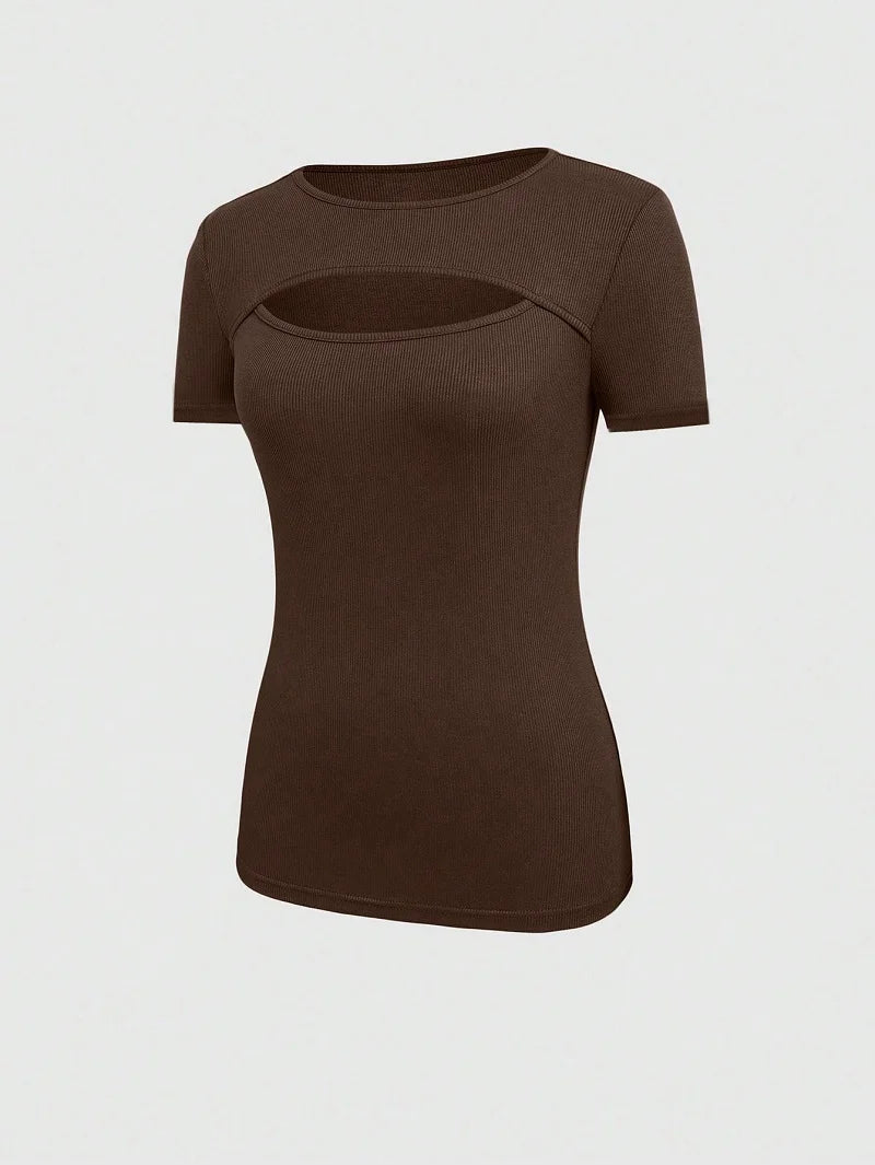 2024 European And American Summer Cross-Border New Women's Round Neck Chest Open Short Sleeve T-shirt