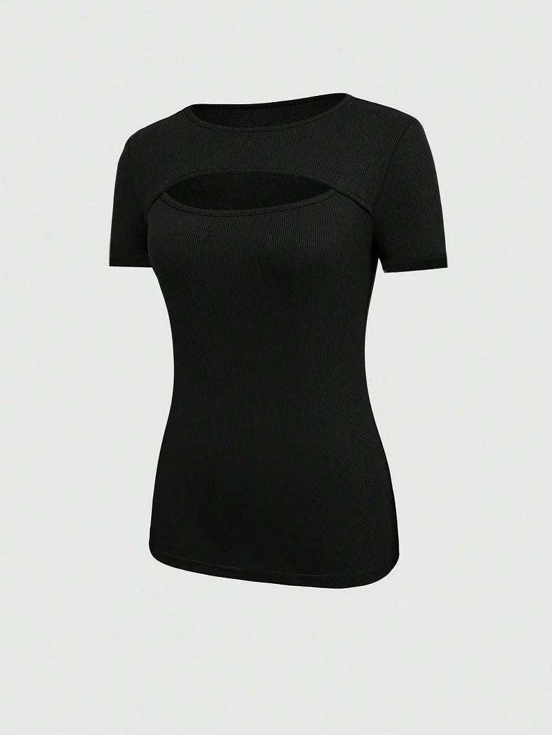 2024 European And American Summer Cross-Border New Women's Round Neck Chest Open Short Sleeve T-shirt