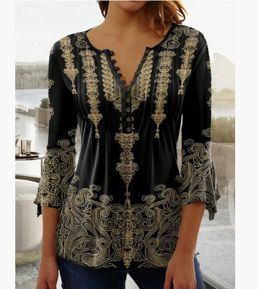 V-Neck Elegant Office Lady Blouses Tops Blusas 2024 Casual Trendy Summer Blouses Print Three Quarter Buttons Women Shirts S-3XL
