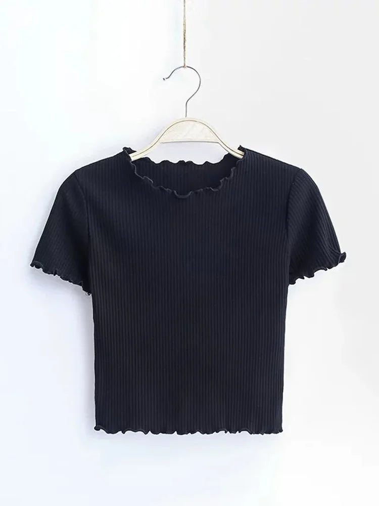 Vintage Wood ears O neck Short sleeve T-shirt 2023 New Woman Slim Fit t shirt tight tee Summer Retro Tops 6 colors