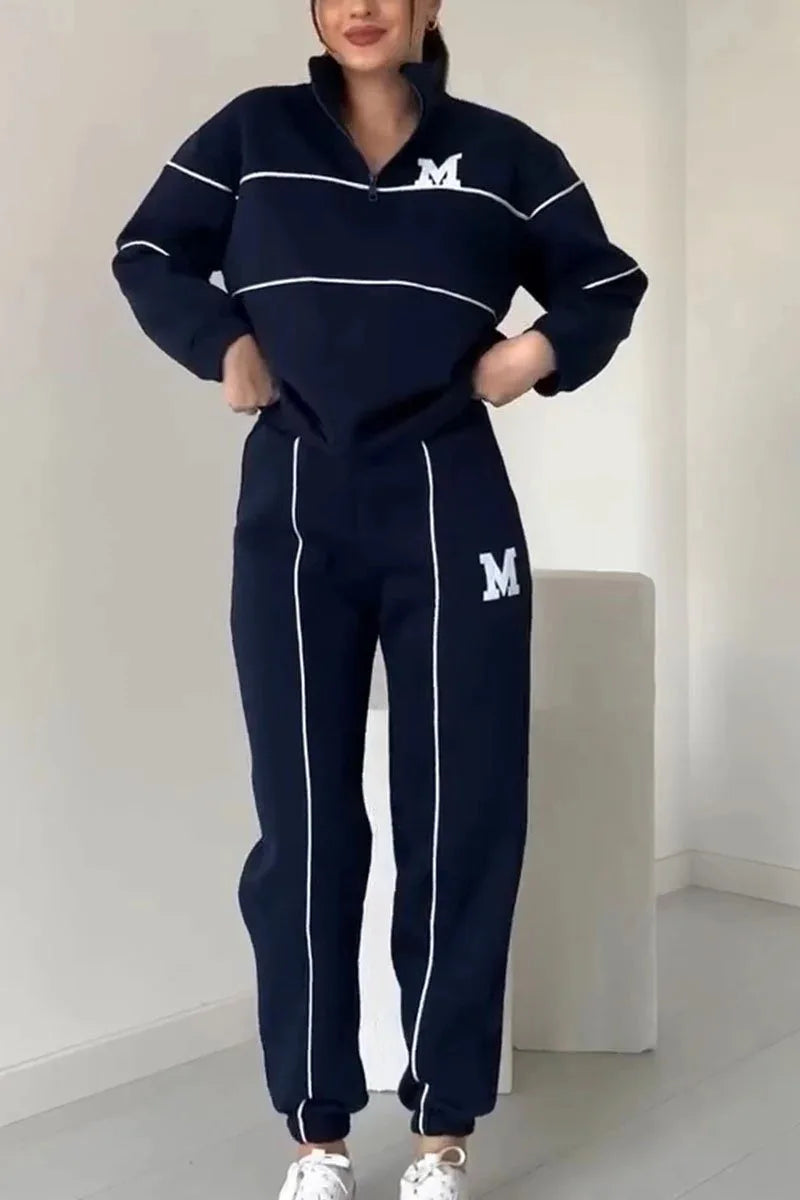 Autumn Winter New Fashion Letter Print Sweatshirt Set Casual Zipper Half Open Collar Long-sleeve Top + Sweatpants Two-piece Suit