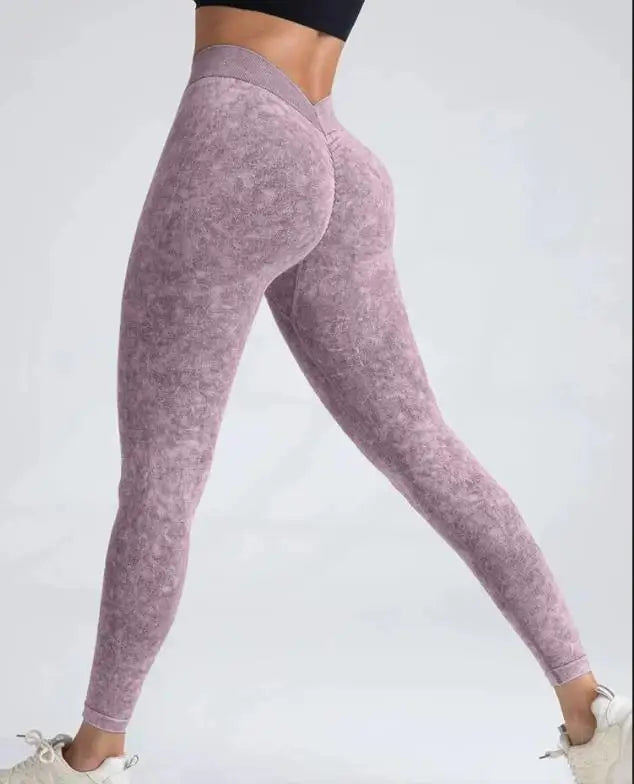 Sports Seamless Leggings Women V-back Waist Tights High Waist Hip Liftting Gym Pants Frosted Water Wash Stretchy Yoga Leggings