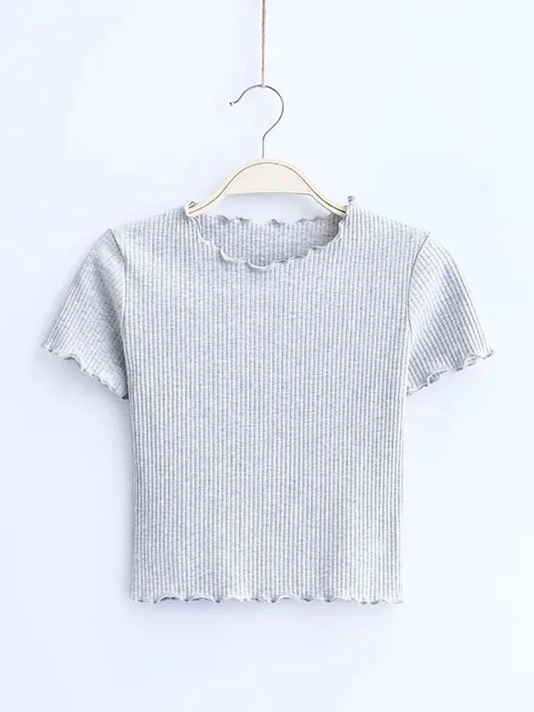 Vintage Wood ears O neck Short sleeve T-shirt 2023 New Woman Slim Fit t shirt tight tee Summer Retro Tops 6 colors