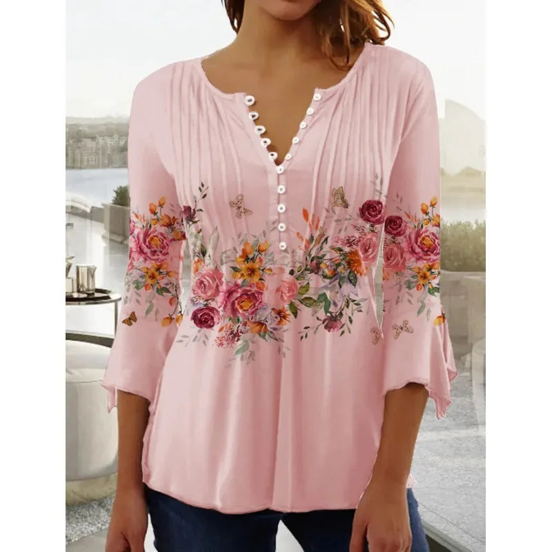 V-Neck Elegant Office Lady Blouses Tops Blusas 2024 Casual Trendy Summer Blouses Print Three Quarter Buttons Women Shirts S-3XL
