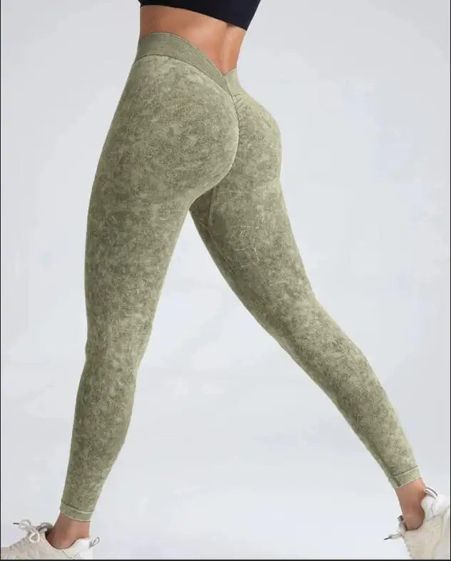 Sports Seamless Leggings Women V-back Waist Tights High Waist Hip Liftting Gym Pants Frosted Water Wash Stretchy Yoga Leggings