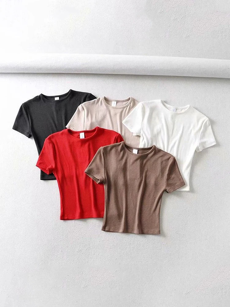 Fashion Casual 2022 Summer Woman Slim Fit t-shirt tight Cotton Short-Sleeve O-neck tee Crop Tops