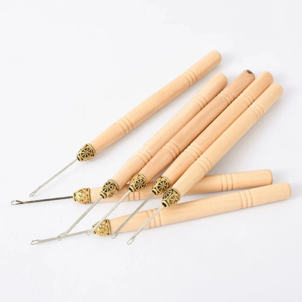 1/3/6/12PCS Hook Needle Tools Wooden Handle Hook Needle Lace Wig Making Knitting Micro Rings Loop Hair Extension Weaving