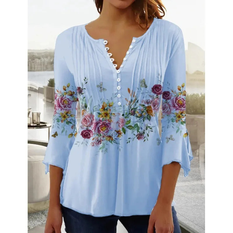 V-Neck Elegant Office Lady Blouses Tops Blusas 2024 Casual Trendy Summer Blouses Print Three Quarter Buttons Women Shirts S-3XL