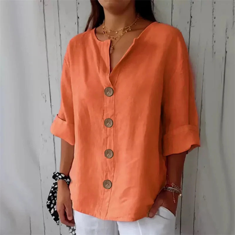 Summer Loose Shirt Women's V-Neck Cotton Linen Button Top Casual Shirts Solid Fashion Elegant Office Womens Clothing 2025 Blouse