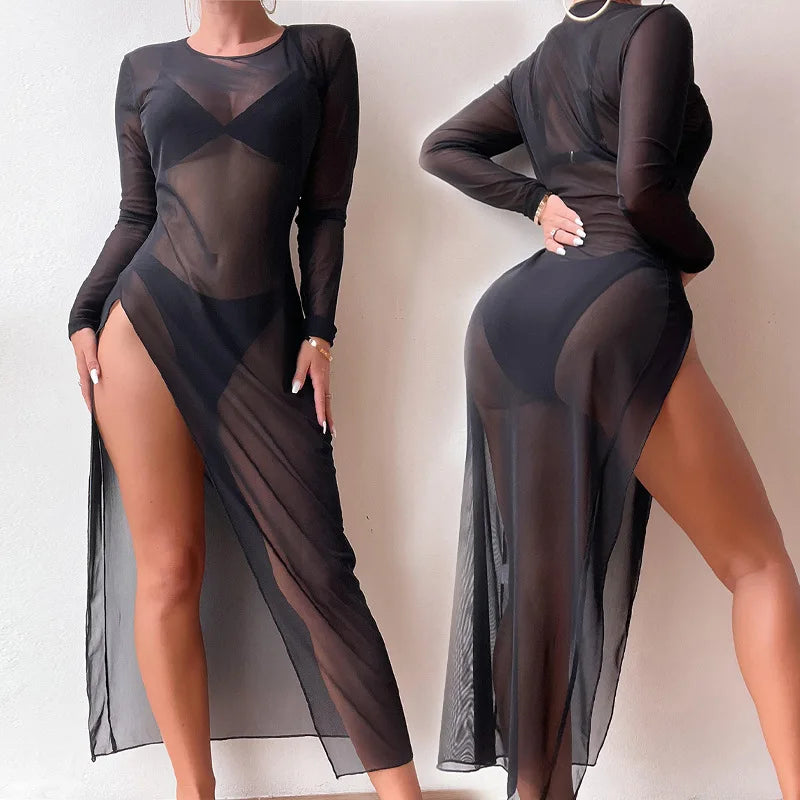 BKLD 2026 Beach Cover Ups For Women Sexy Round Neck Vacation Outfits Mesh Dress Black Perspective Long Sleeve Bodycon Dress