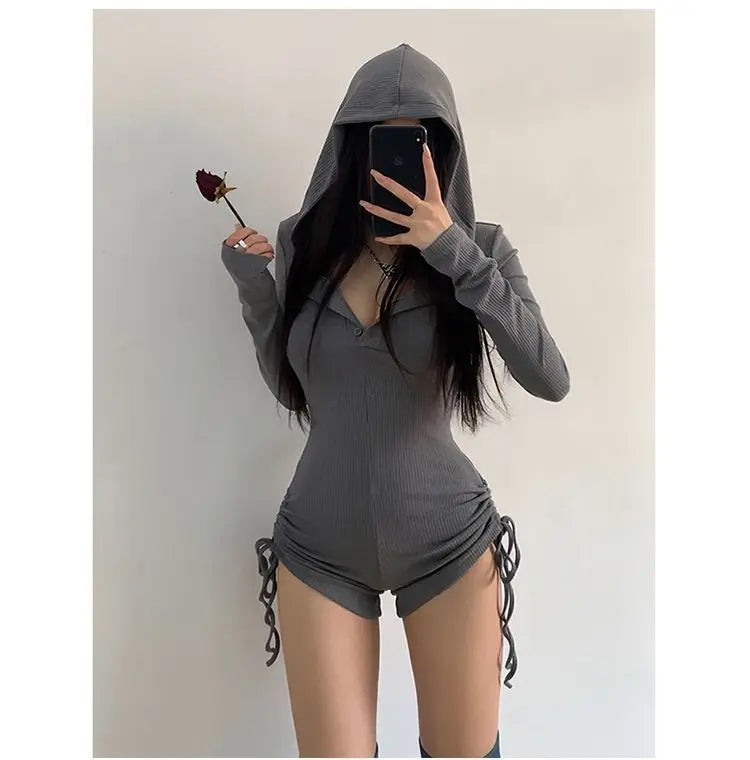 Bodysuit Y2k Winter Clothes 90s Vintage Korea Hooded Slim Casual Shorts Jumpsuits Long sleeves Femme Korea Aesthetic Punk Bodys