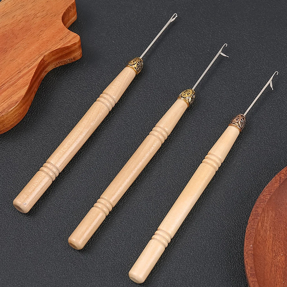 1/3/6/12PCS Hook Needle Tools Wooden Handle Hook Needle Lace Wig Making Knitting Micro Rings Loop Hair Extension Weaving
