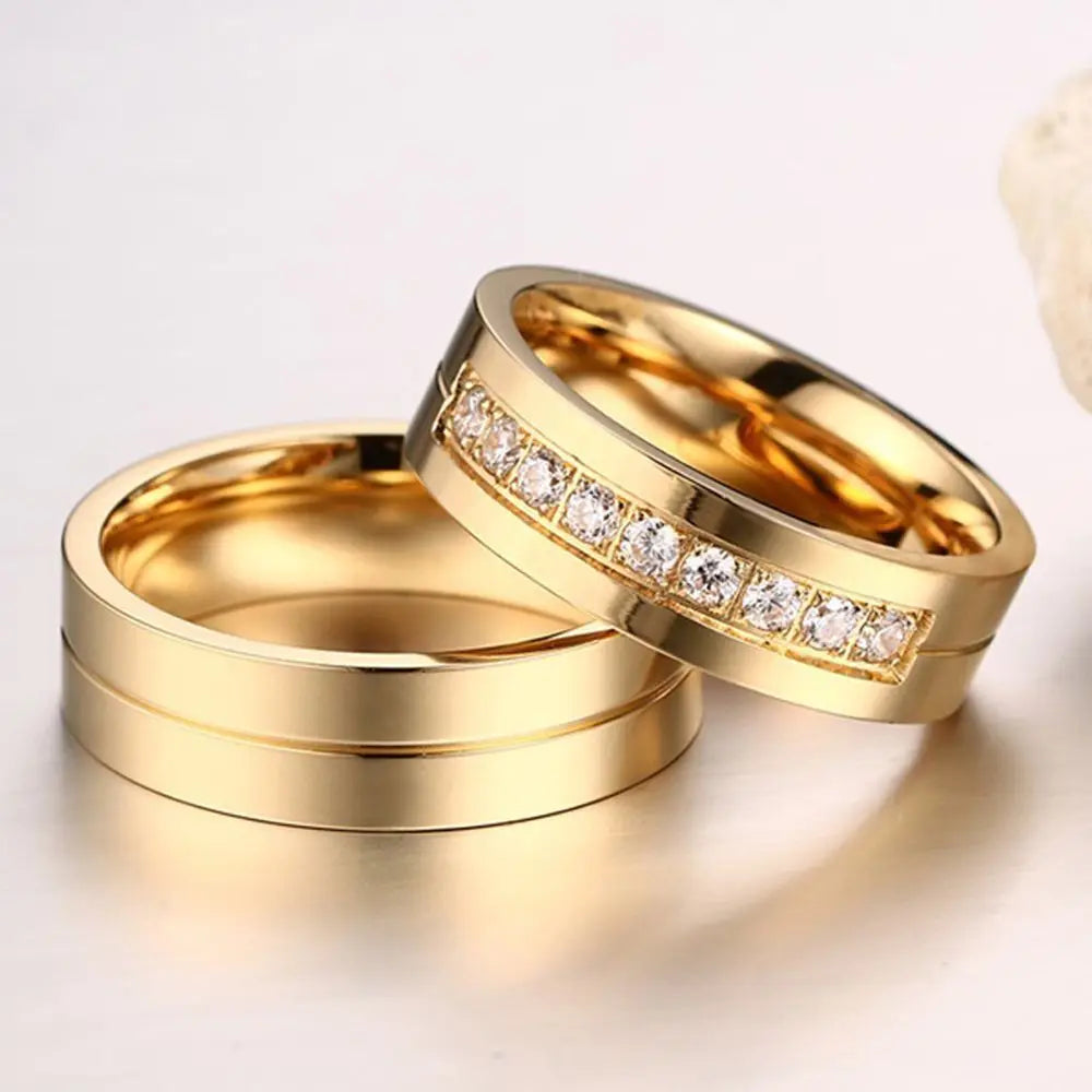 Women Men Wedding Band Rings For Love 18K Gold Plated AAA CZ Cubic Zirconia Stainless Steel Couples Ring