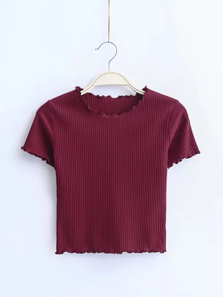 Vintage Wood ears O neck Short sleeve T-shirt 2023 New Woman Slim Fit t shirt tight tee Summer Retro Tops 6 colors