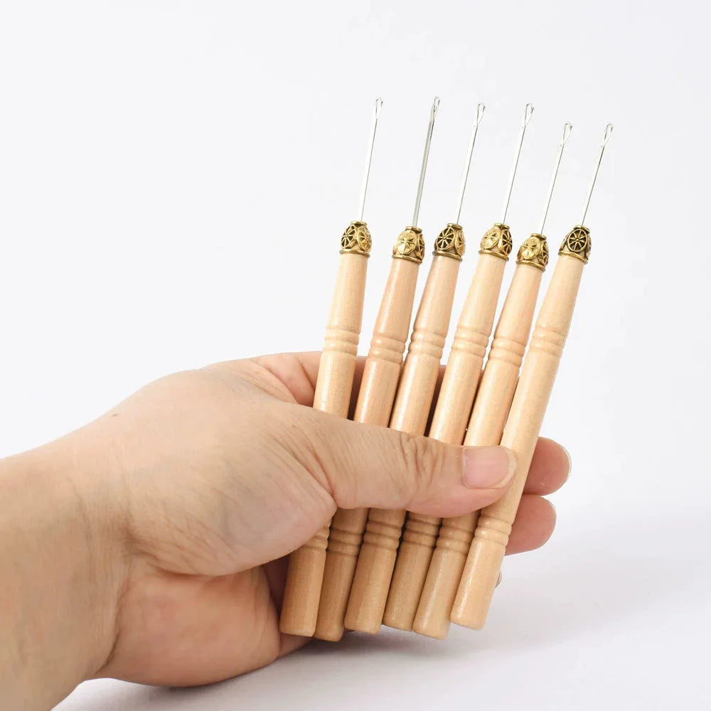 1/3/6/12PCS Hook Needle Tools Wooden Handle Hook Needle Lace Wig Making Knitting Micro Rings Loop Hair Extension Weaving