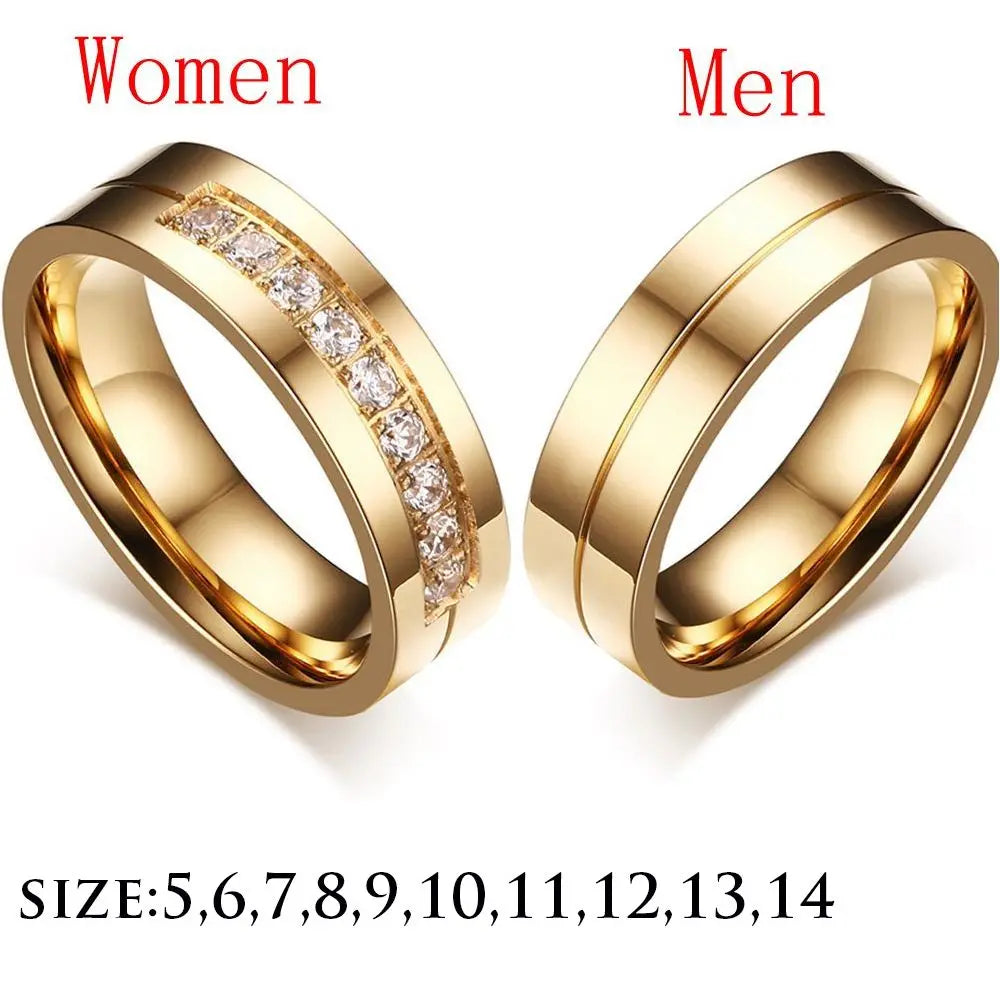 Women Men Wedding Band Rings For Love 18K Gold Plated AAA CZ Cubic Zirconia Stainless Steel Couples Ring