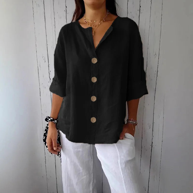 Summer Loose Shirt Women's V-Neck Cotton Linen Button Top Casual Shirts Solid Fashion Elegant Office Womens Clothing 2025 Blouse