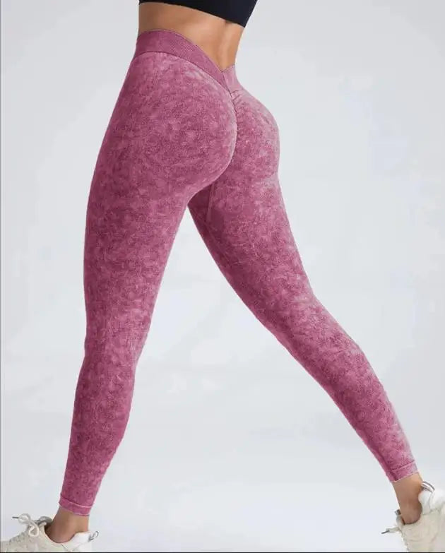 Sports Seamless Leggings Women V-back Waist Tights High Waist Hip Liftting Gym Pants Frosted Water Wash Stretchy Yoga Leggings